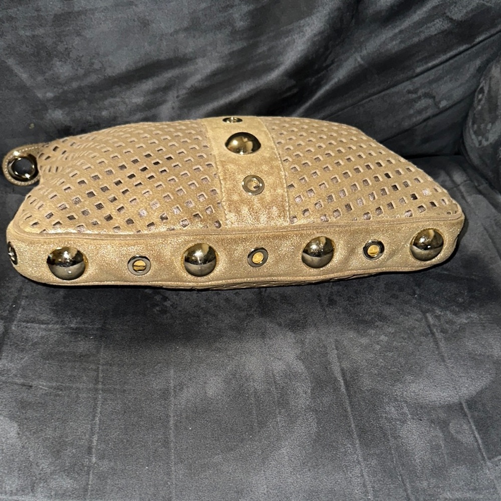 Jimmy Choo Gold Shimmer Perforated Suede Clutch with Gold Hardware - Picture 2 of 5